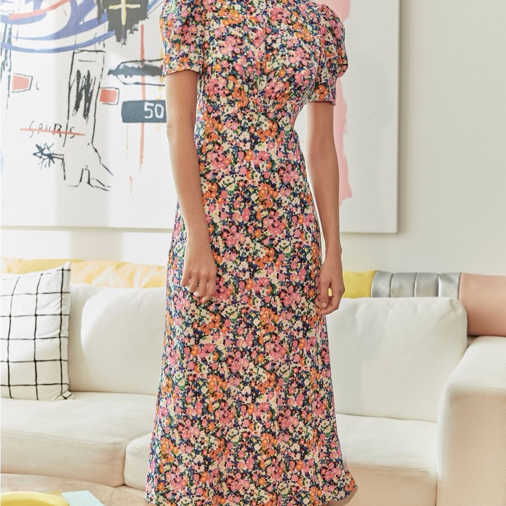 SALONI Pink and Red Puff Sleeve Midi Dress